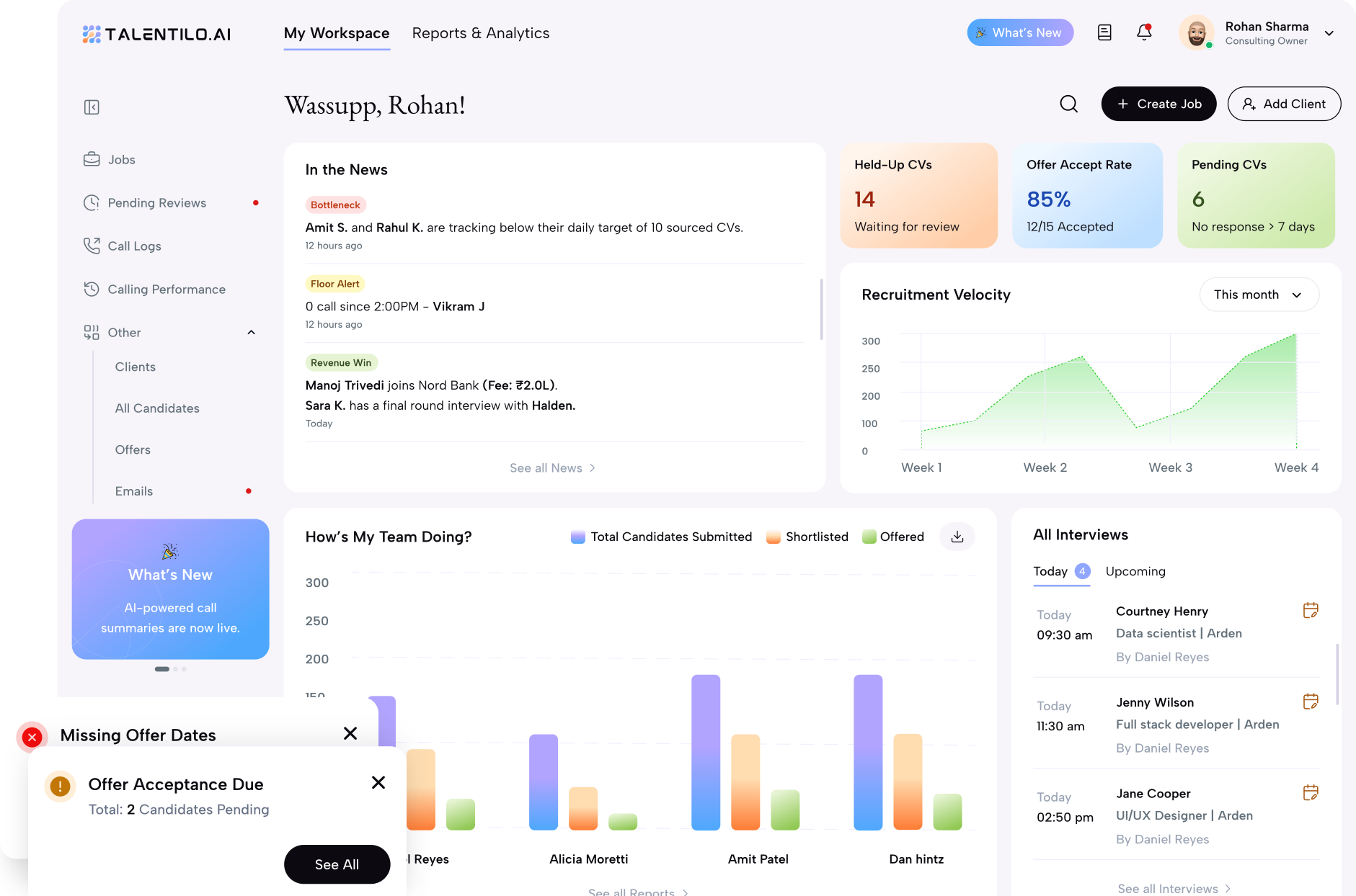 The Talentilo command centre: a recruiter workspace with news, velocity, team output and the day’s interviews, beside alerts for missing offer dates and offers awaiting acceptance